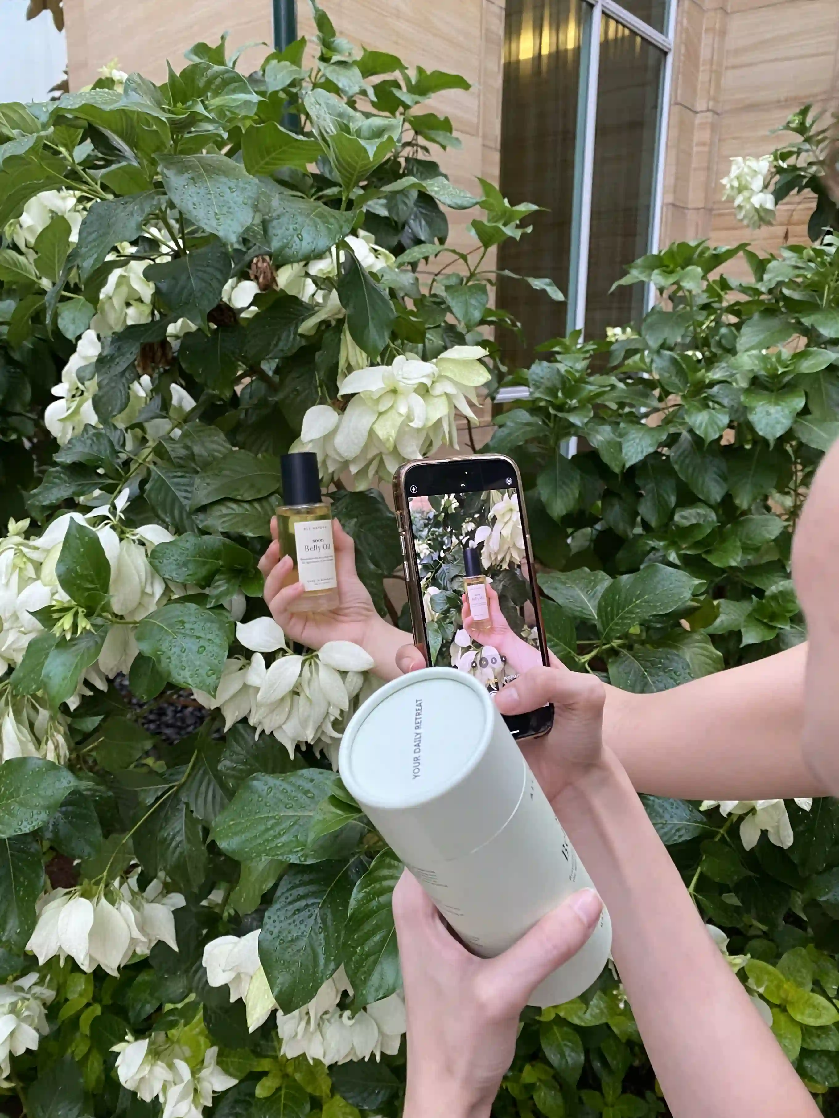 Product photography setup for a client's belly oil among white flowering shrubs